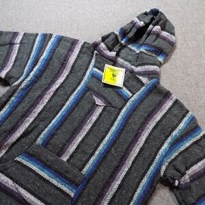 Iguana Jack Baja Hoodie Men XL Grey Purple Blue Good Striped Woven Mexican Jerga